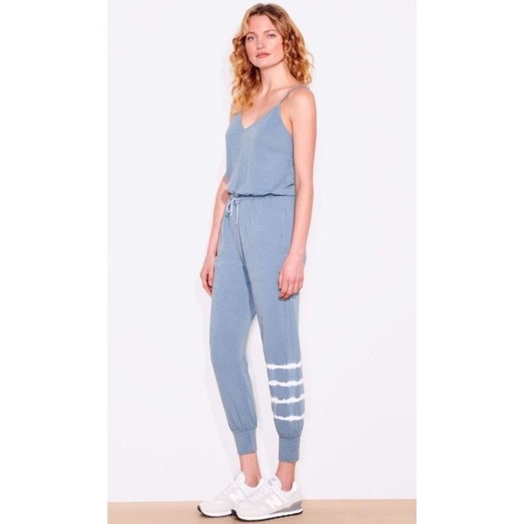 NEW Sundry Teal White Tie Dye Stripe Jogger Leg Sleeveless Jumpsuit Size 1 Small - Picture 2 of 13